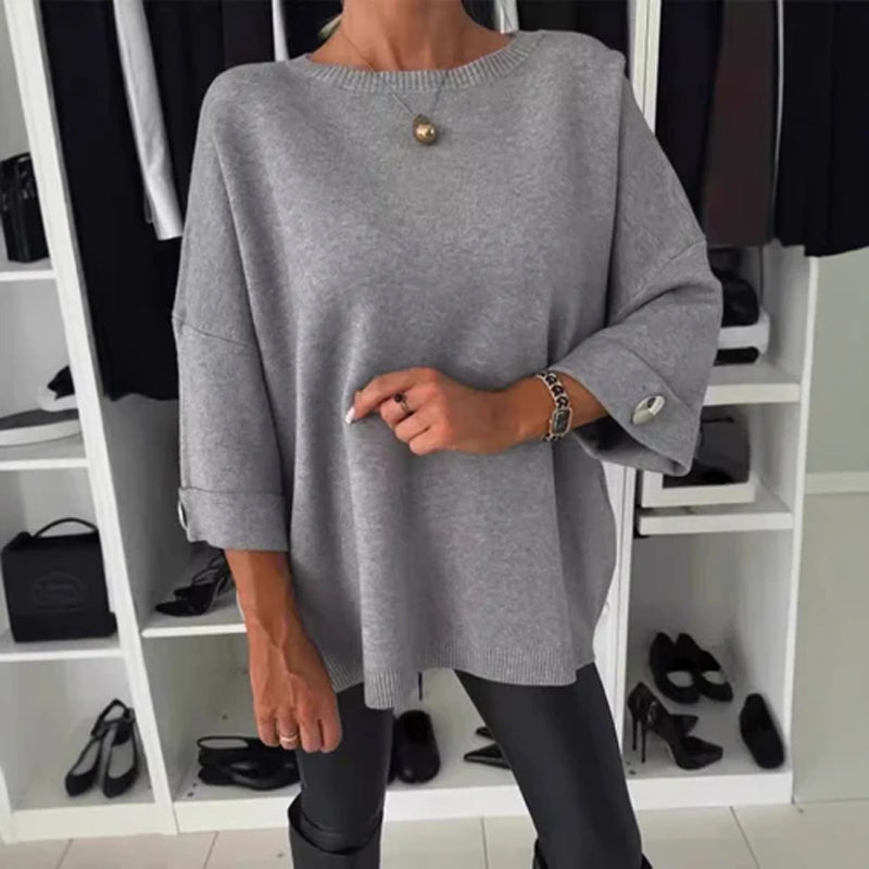 Jelisse | Losvallende gebreide top voor dames – Casual en chique shirt met 3/4 mouwen en knoopaccenten