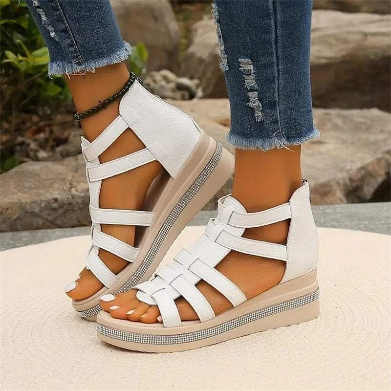 LustraWedge | Sandales pour femmes ornées de cristaux de roche - Design gladiateur élégant, talons compensés confortables