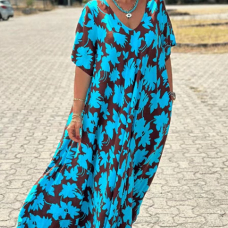 Kaelithra | Elegante maxi-jurk met print en V-hals voor dames