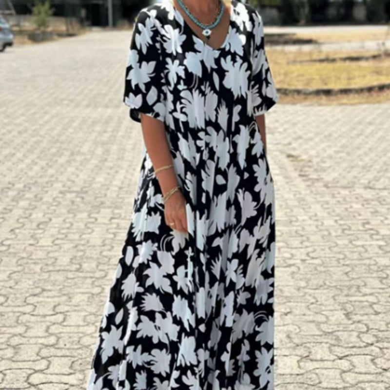 Kaelithra | Elegante maxi-jurk met print en V-hals voor dames