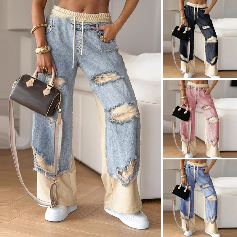 Galina | Relaxte denim broek voor dames – Elastische taille, trekkoord, distressed, casual en comfortabel