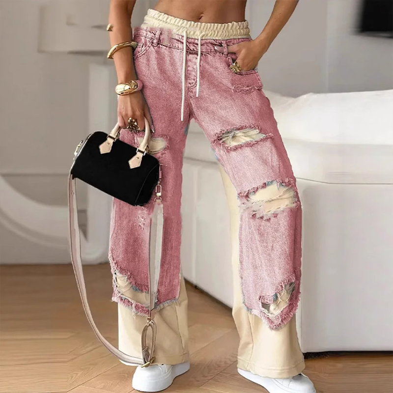 Galina | Relaxte denim broek voor dames – Elastische taille, trekkoord, distressed, casual en comfortabel