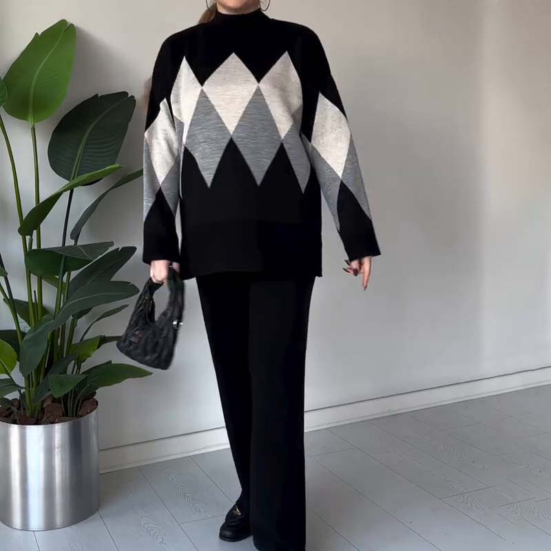 Leniara | Kleurblok gebreide trui en broek set – Diamandpatroon coltrui, comfortabele loungewear outfit
