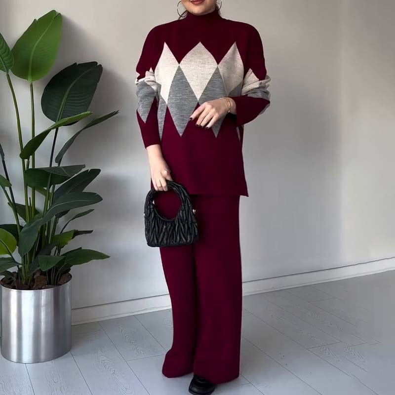 Leniara | Kleurblok gebreide trui en broek set – Diamandpatroon coltrui, comfortabele loungewear outfit