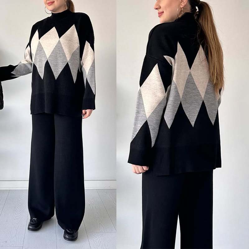 Leniara | Kleurblok gebreide trui en broek set – Diamandpatroon coltrui, comfortabele loungewear outfit