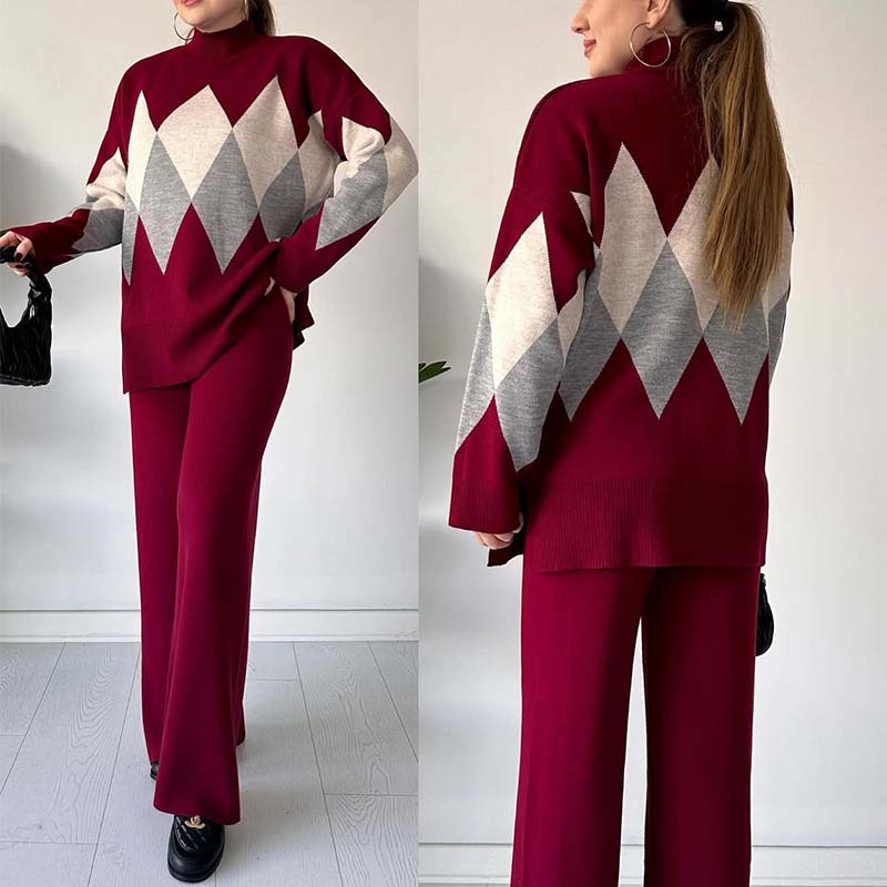 Leniara | Kleurblok gebreide trui en broek set – Diamandpatroon coltrui, comfortabele loungewear outfit