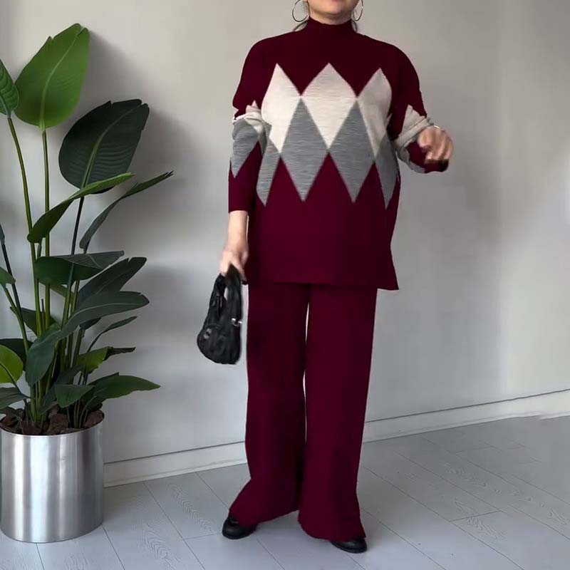 Leniara | Kleurblok gebreide trui en broek set – Diamandpatroon coltrui, comfortabele loungewear outfit