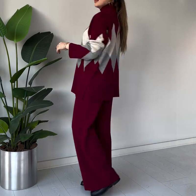 Leniara | Kleurblok gebreide trui en broek set – Diamandpatroon coltrui, comfortabele loungewear outfit