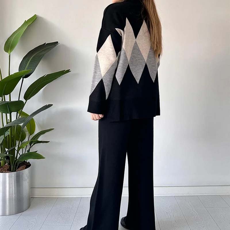 Leniara | Kleurblok gebreide trui en broek set – Diamandpatroon coltrui, comfortabele loungewear outfit