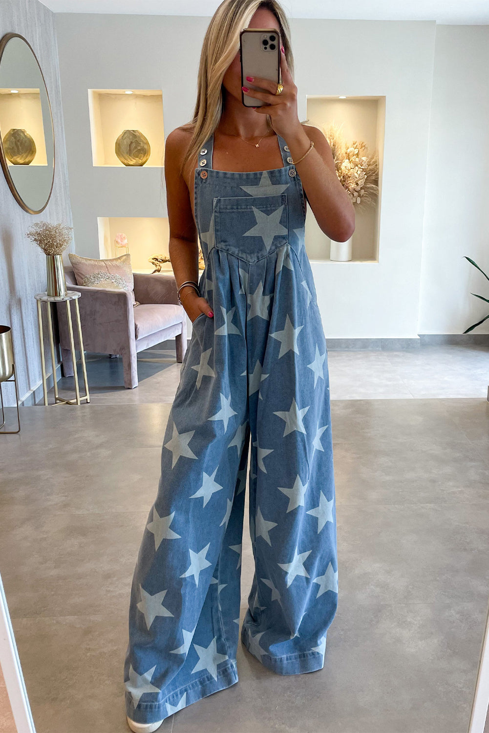 Inessa | Denim overalls with star print, buttoned straps, and pleated wide legs