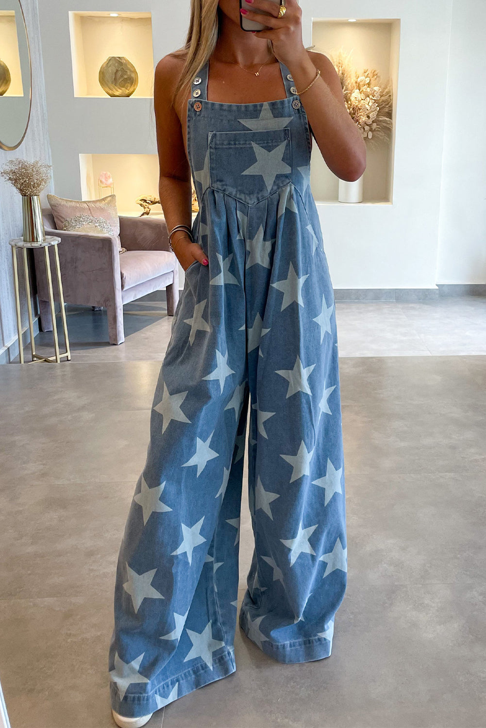 Inessa | Denim overalls with star print, buttoned straps, and pleated wide legs
