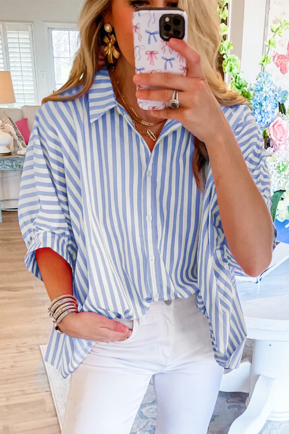 Jolene | Gestreept oversized overhemd met Dolmanmouwen
