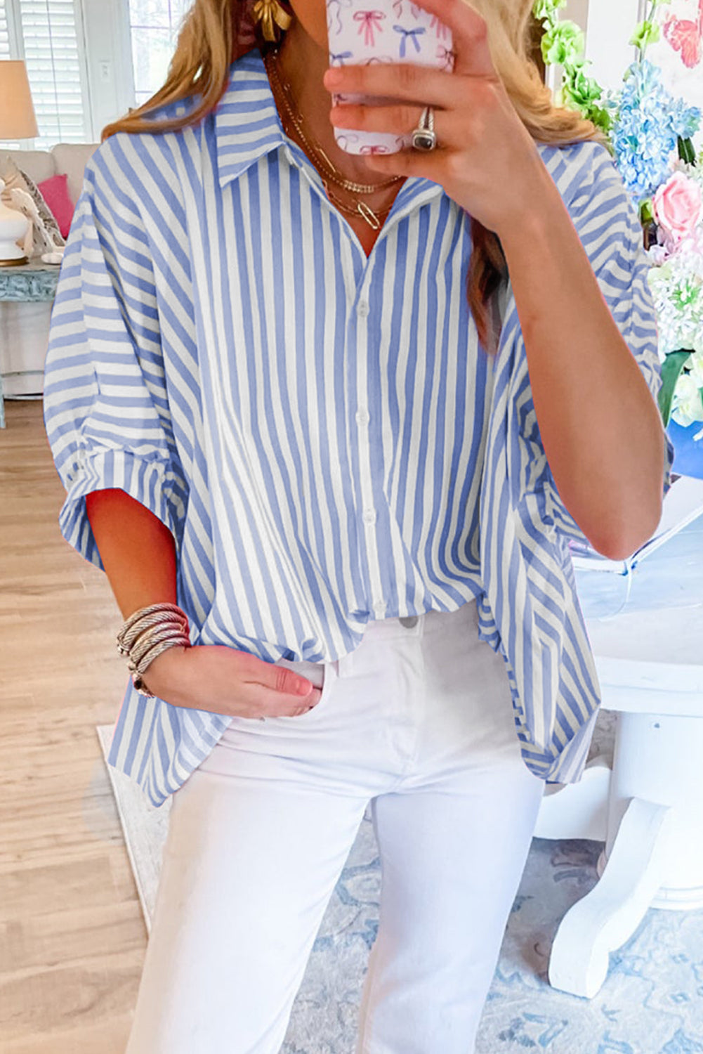 Jolene | Gestreept oversized overhemd met Dolmanmouwen