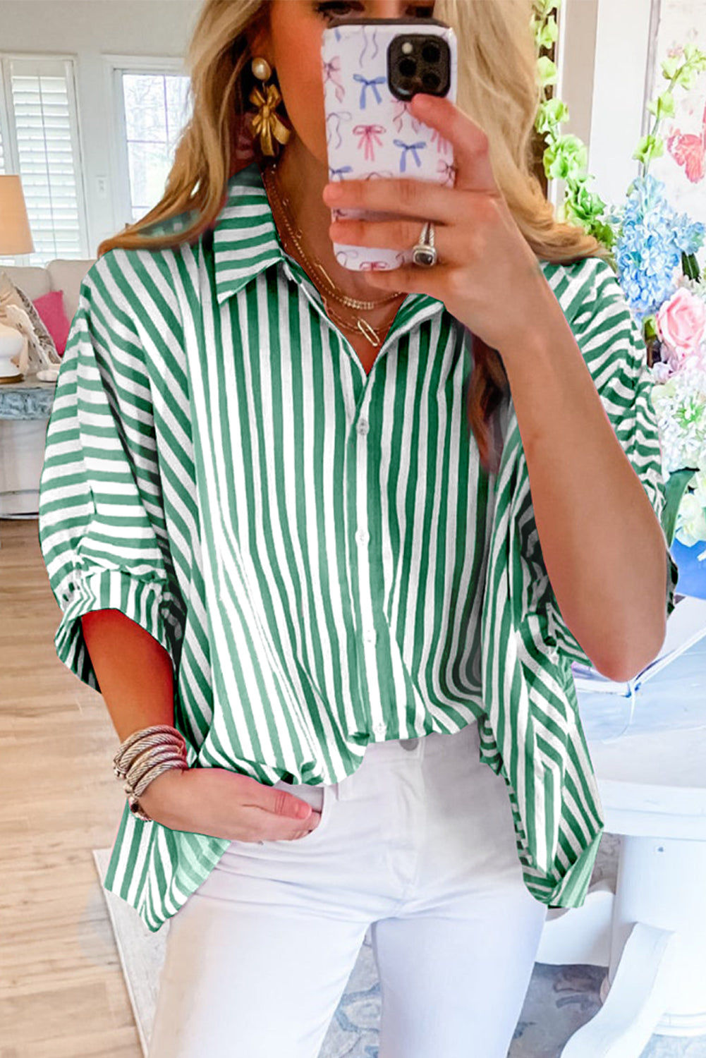 Jolene | Gestreept oversized overhemd met Dolmanmouwen