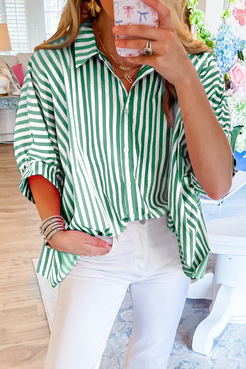 Jolene | Gestreept oversized overhemd met Dolmanmouwen