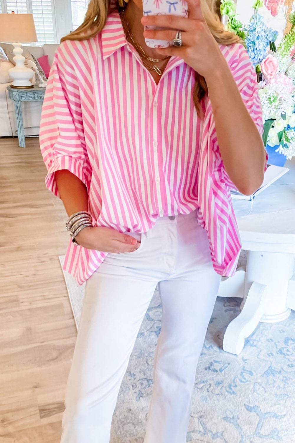 Jolene | Gestreept oversized overhemd met Dolmanmouwen