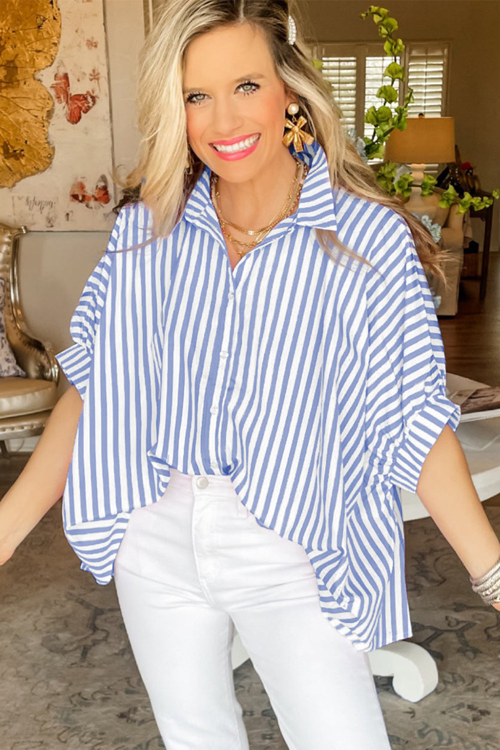 Jolene | Gestreept oversized overhemd met Dolmanmouwen