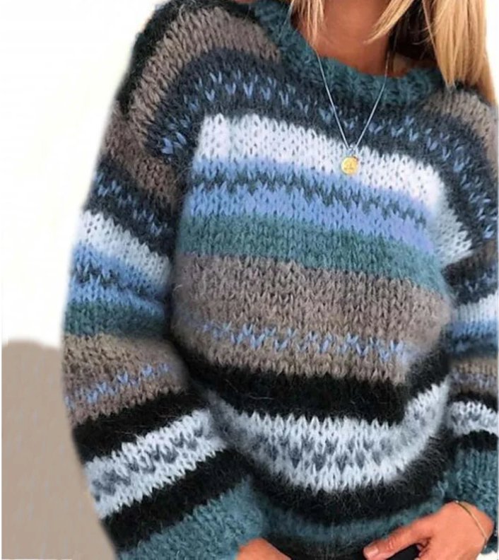Saffron | Gestreepte grof gebreide trui voor dames, casual trui voor herfst en winter, knusse gebreide top