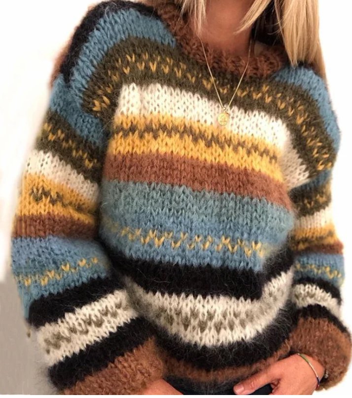 Saffron | Gestreepte grof gebreide trui voor dames, casual trui voor herfst en winter, knusse gebreide top