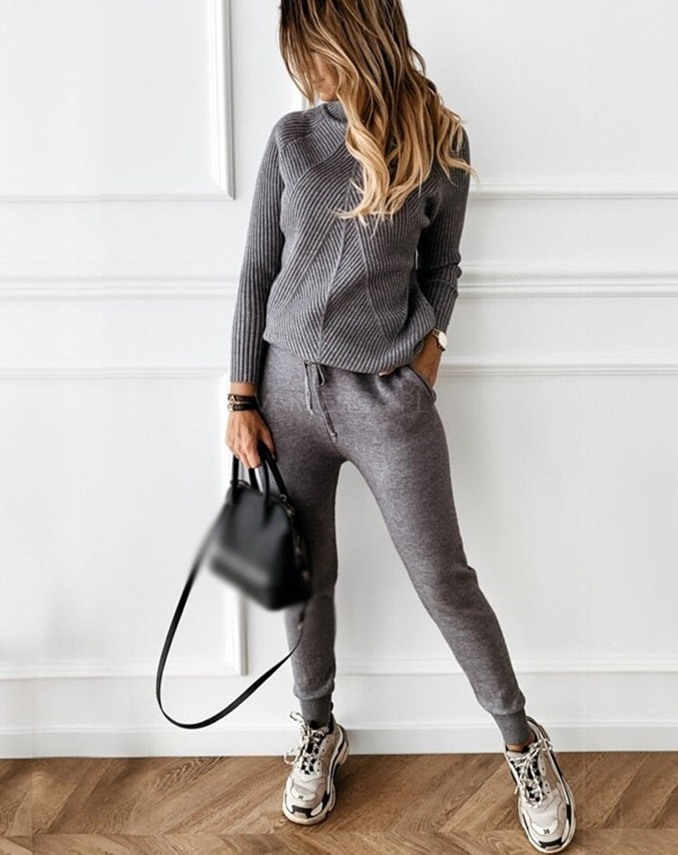 Kaivra | Geribbelde gebreide duo voor dames – Comfortabel 2-delig trainingspak met pullover en joggingbroek voor stijlvolle loungewear