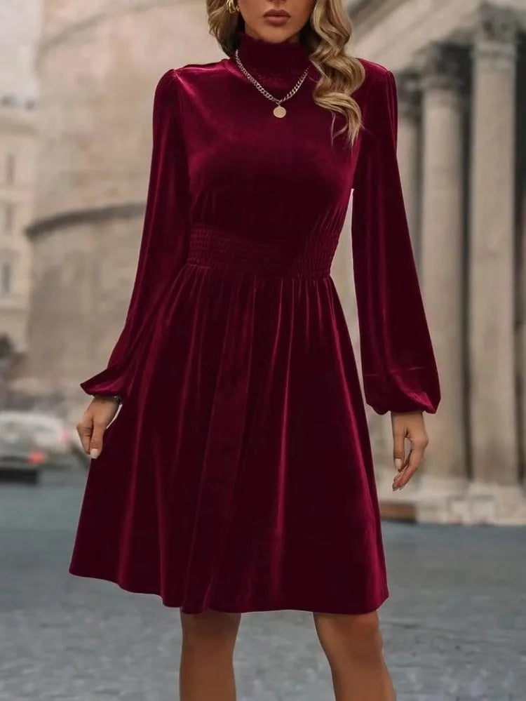 Daciana | Vlakke jurk met rolkraag voor dames – Elegante midi-jurk met lange mouwen