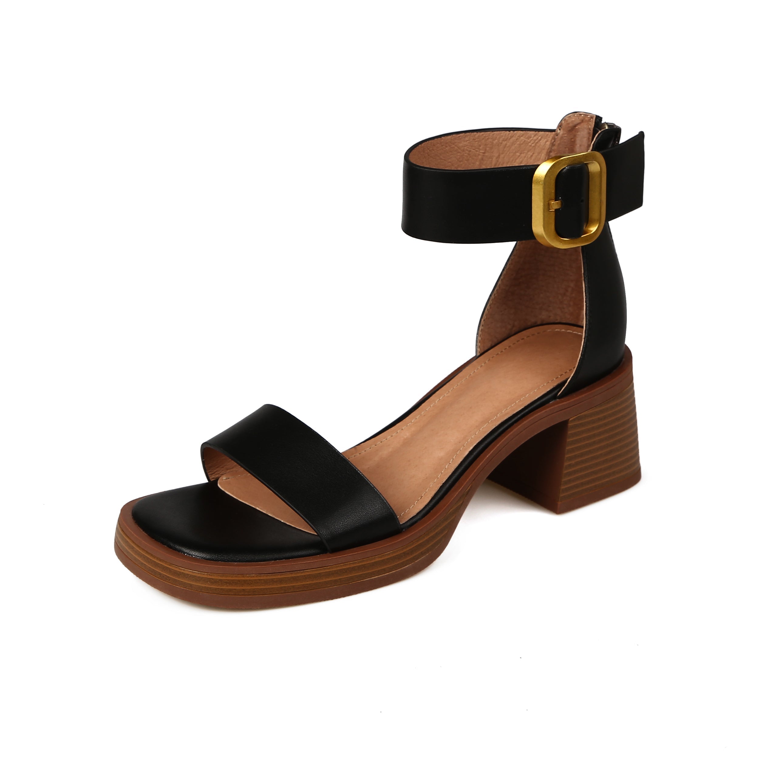 Falina | Mid-Heel Leather Sandals with Double Strap and Buckle Closure - Comfortable and Stylish