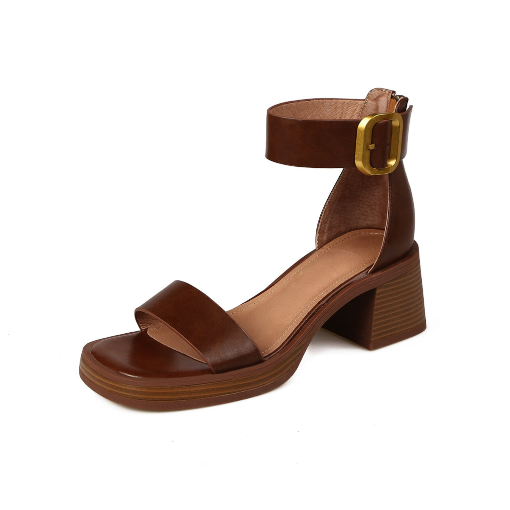 Falina | Mid-Heel Leather Sandals with Double Strap and Buckle Closure - Comfortable and Stylish
