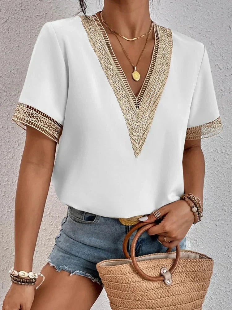 Elvessa | Elegant V-neck Lace Blouse - Short Sleeve, Hollowed Hem