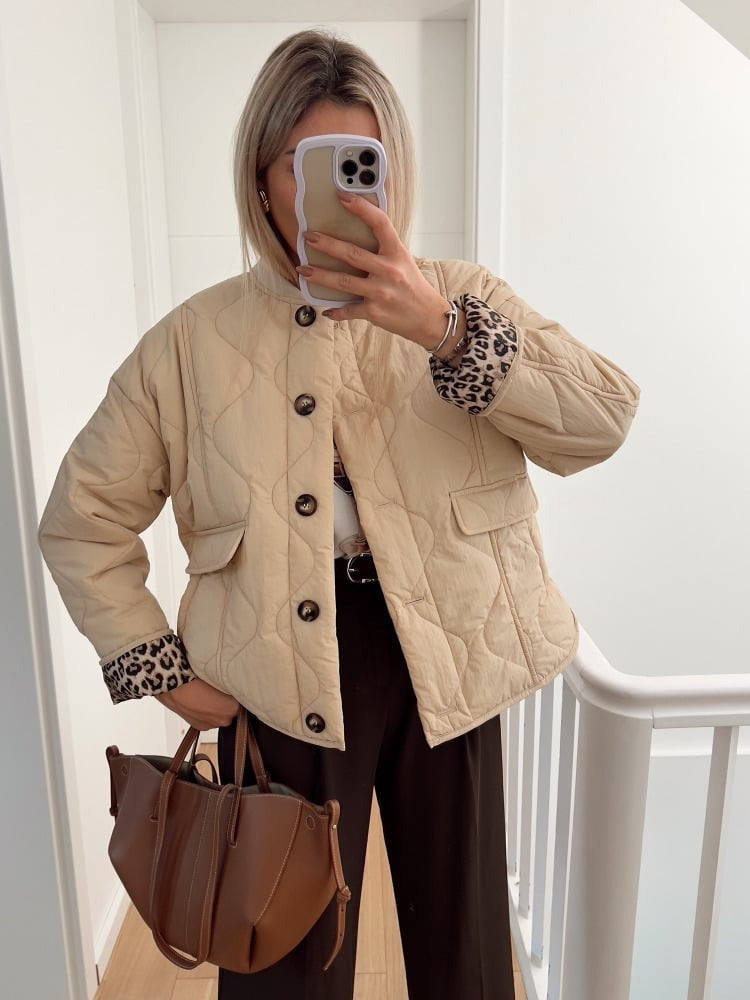 Candara | Manteau chic pour femme avec doublure léopard – Vêtement d'extérieur élégant, vert, doux et polyvalent