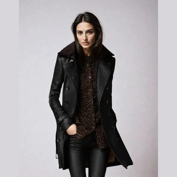 Irivellea | Elegante leren trenchcoat voor dames – Lange, stijlvolle bovenkleding voor herfst en winter
