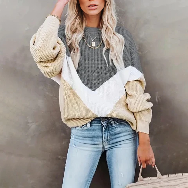 Ailani | Loose Fit Colour Block V-Stripe Women's Sweater - Warm Knitted Sweater