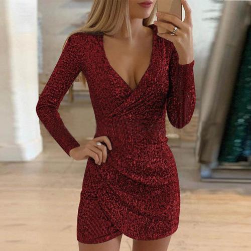 Nefeli | Sparkly Long Sleeve Deep V-Neck Mini Dress for Parties & Evening Events