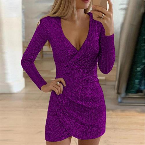 Nefeli | Sparkly Long Sleeve Deep V-Neck Mini Dress for Parties & Evening Events