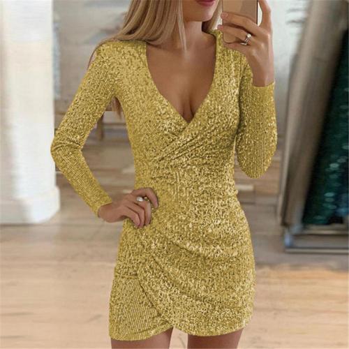Nefeli | Sparkly Long Sleeve Deep V-Neck Mini Dress for Parties & Evening Events